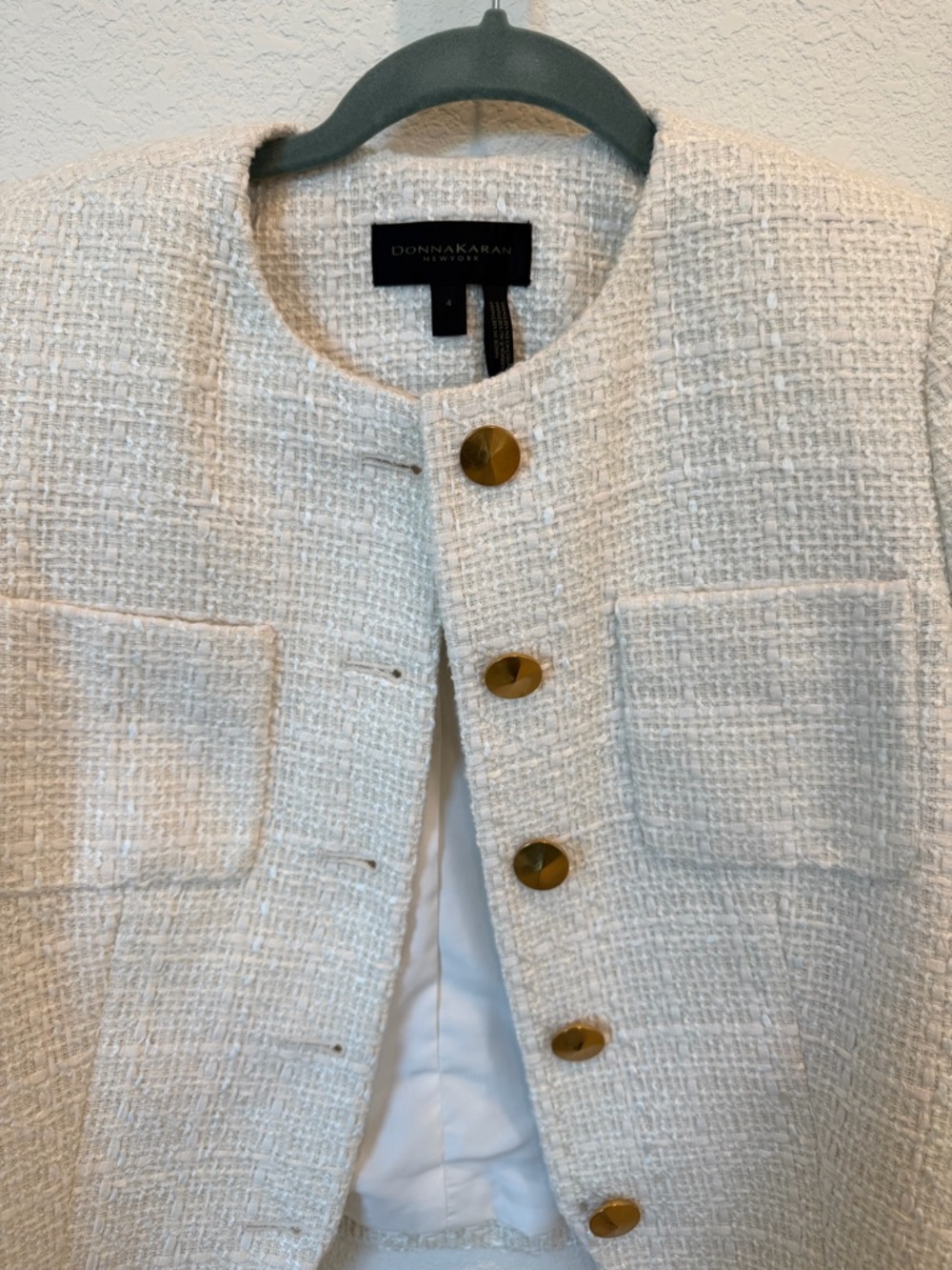 Donna Karan Ivory Tweed Collarless Jacket with Gold Buttons